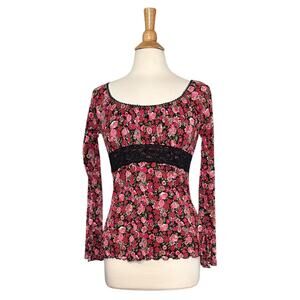 Pink and Black Y2K Long Sleeve Semi Sheer Long Sleeve Floral Square Neck ST20